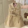 Fashion Girls Windbreak Dresses Summer Sleeveless Work Outfits Waistband Solid Color Kids Clothes