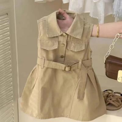 Fashion Girls Windbreak Dresses Summer Sleeveless Work Outfits Waistband Solid Color Kids Clothes