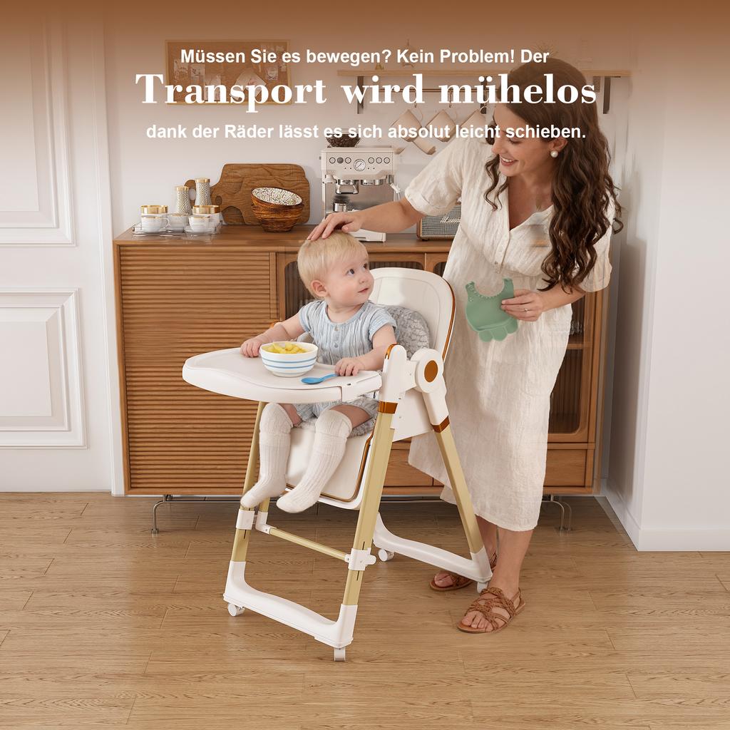 Silla Alta para Bebé 2 en 1 con Función Mecedora, Arnés de Seguridad de 5 Puntos, Ruedas con Bloqueo, Bandeja Extraíble, Plegable y Ajustable en Altura, Blanco