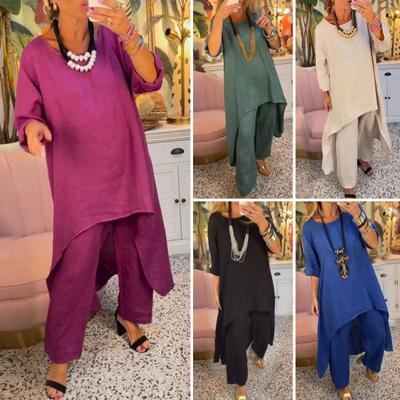2 Pcs/Set Women Top Pants Set Solid Color O Neck Long Sleeve Mid Length IrCasual Hem Top