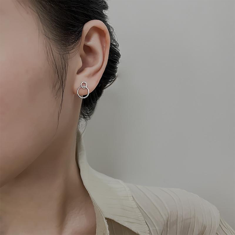 New Fashion Simple Geometric Personalized 925 Sterling Silver Hollow Circle INS Cross Double Ring Circular Earrings TYB623