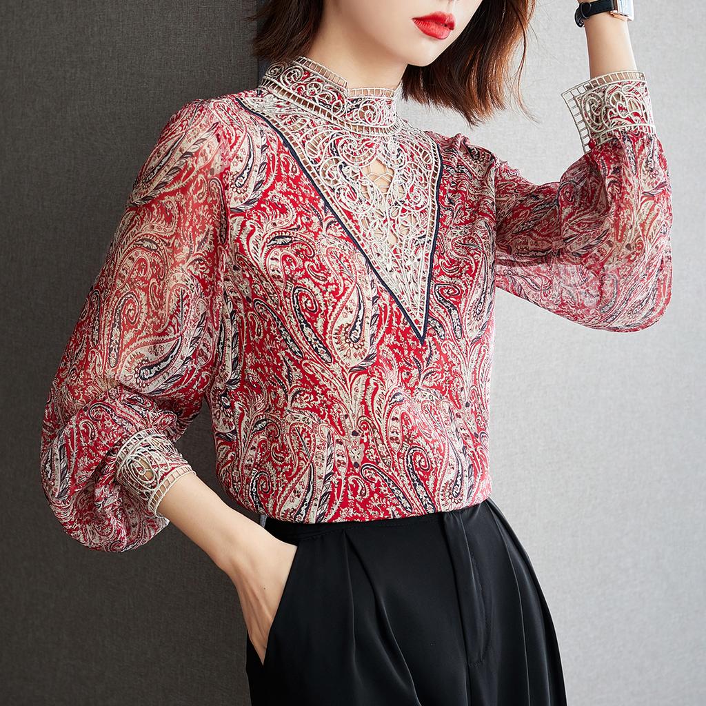 Cămașă și bluză din dantelă cu mânecă lungă brodate de toamnă cu guler