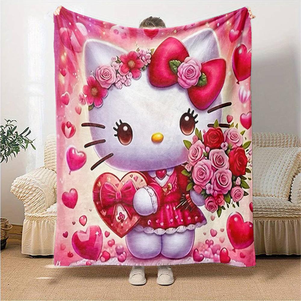 1pc Hello Kitty, Flowers blanket Lightweight Flannel Throw for Sofa Bed Travel Camping Livingroom Office Couch Chair