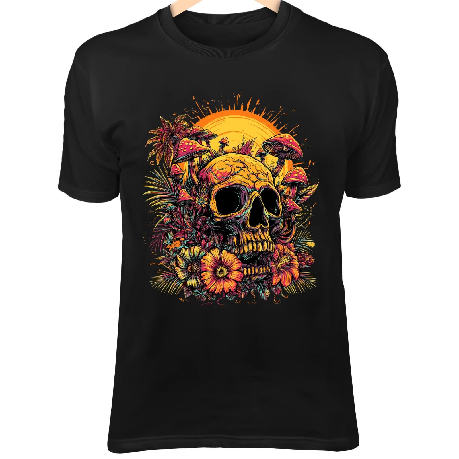 Летний Фэнтезийный Череп - Неоновые Грибы, Тропические Цветы и Золотое Солнце S