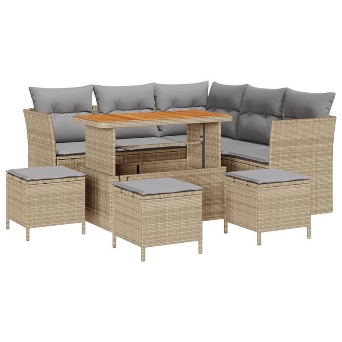 Ensemble de Canapé de Jardin 9 Pièces avec Coussins Beige Poly Rattan Acacia, Ensemble de Salle à Manger de Jardin 4 Pièces 3361492