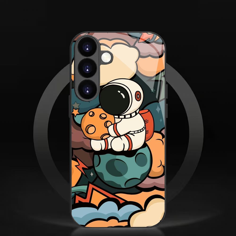 Cartoon astronaut tempered glass phone case suitable for Samsung GalaxyS26 S25 S24 S23 S22 S20FE/Ultra/Plus anti fall back cover