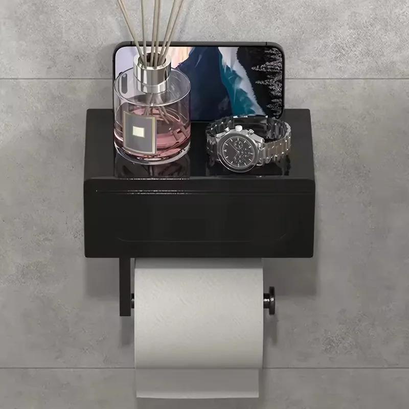 1pc Drill-Free Wall-Mounted Toilet Paper Holder – Sleek Black with Shelf, Durable Bathroom Organizer for Essentials