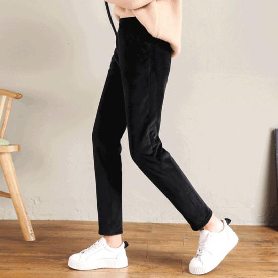 Women Autumn Winter Corduroy Harem Pants Elastic Waist Pockets Solid Color Long Trousers Thickened Fleece Lining Casual Pants