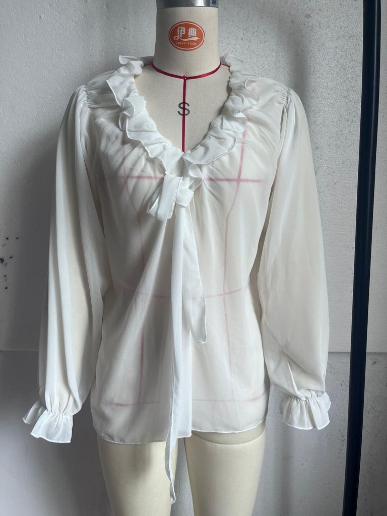 European and American women's clothing spring and summer new women's fashion V-neck loose shirt ruffle edge top