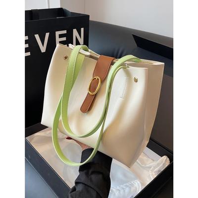 Fashion Large Capacity Commuting Bag Simple Casual Contrast Color Single Shoulder Bag PU Leather Versatile Women Tote Bag