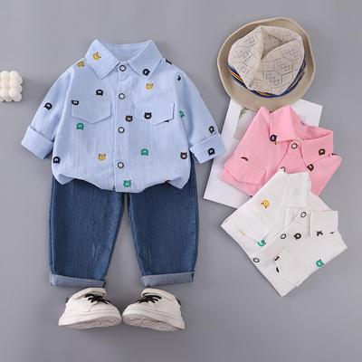 Conjunto de Manga Longa com Calça Jeans Elástica de Urso de Desenho Animado para Meninos - Conjunto de Duas Peças Confortável e Amigo da Pele para Primavera e Outono