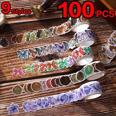 100 Pcs Stickers Scrapbooking Decorative Washi Paper Stickers Diary DIY Stick Label Journaling Album Stationery