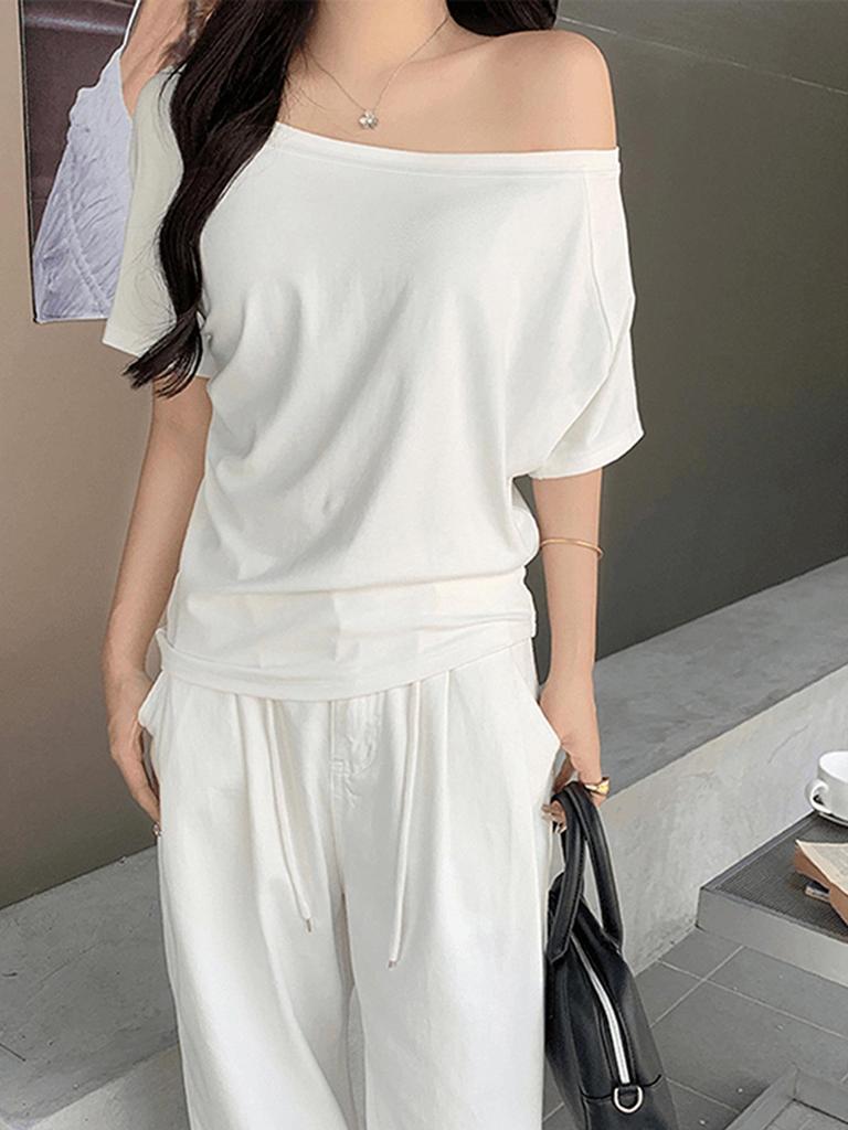2026 Summer Plus Size Women's One-Shoulder T-Shirt - Slimming, Tummy Concealing, Pure Cotton, Versatile Casual Top