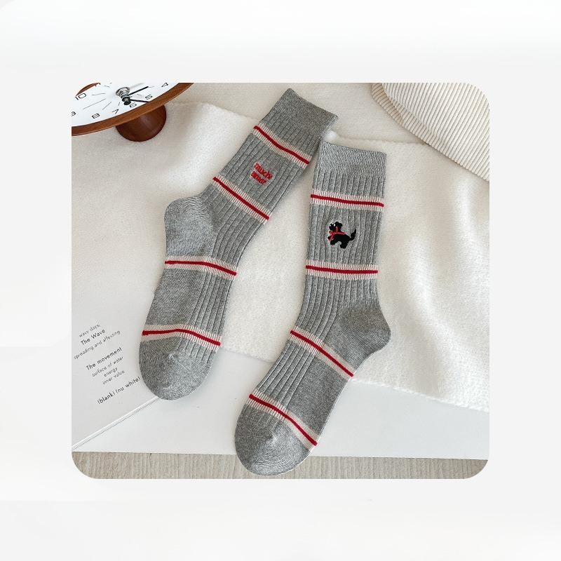 Female Autumn and Winter All Match Stripe Embroidery Cute Puppy Tube Pile Socks