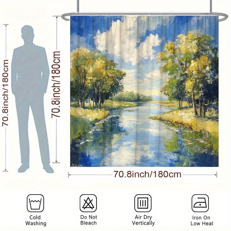 Impressionistic River Landscape Shower Curtain - Lush Trees & Reflective Water, Polyester, 70.8x70.8", 12 Hooks, Washable