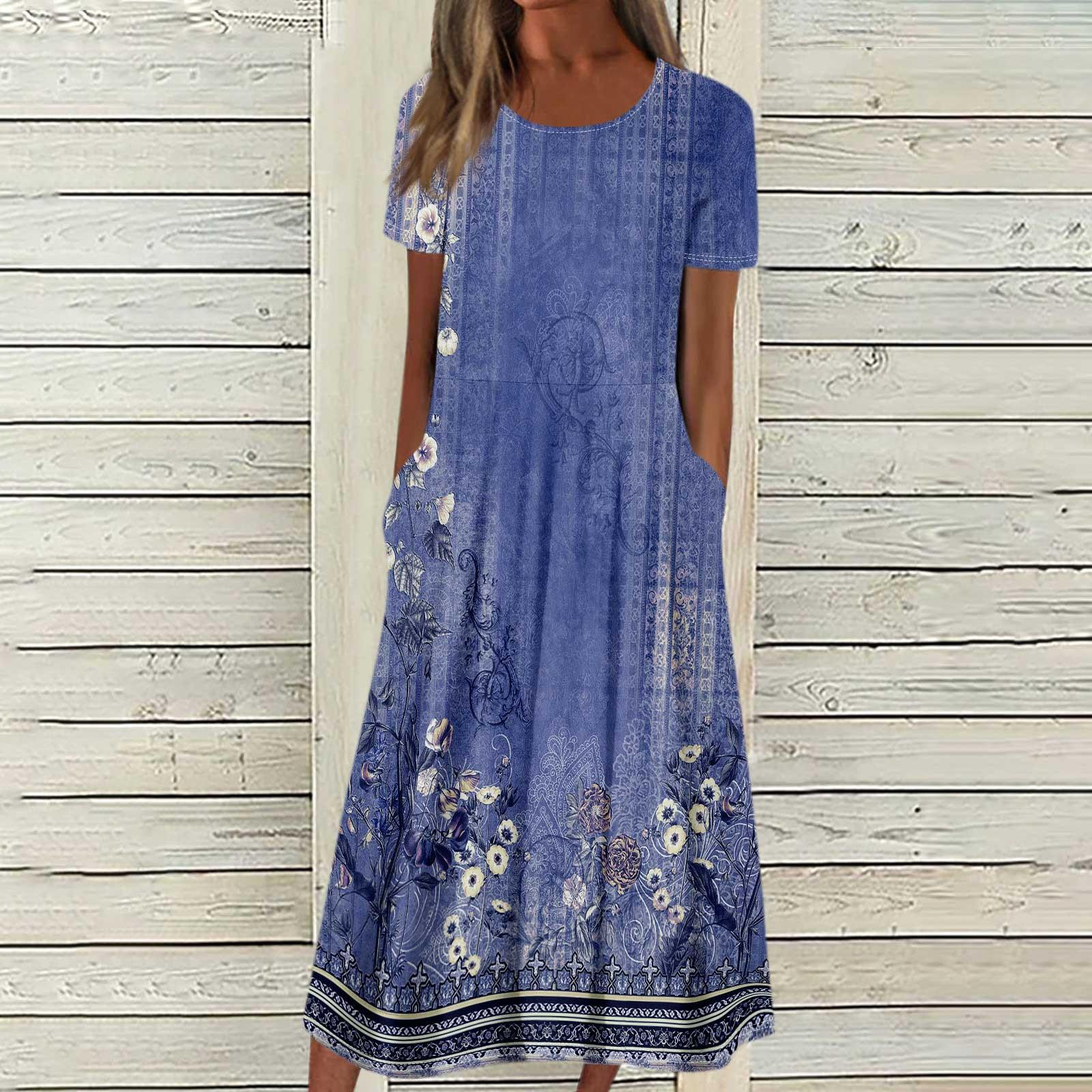 Женское летнее повседневное модное платье с коротким рукавом и карманом с круглым вырезом — фото 7