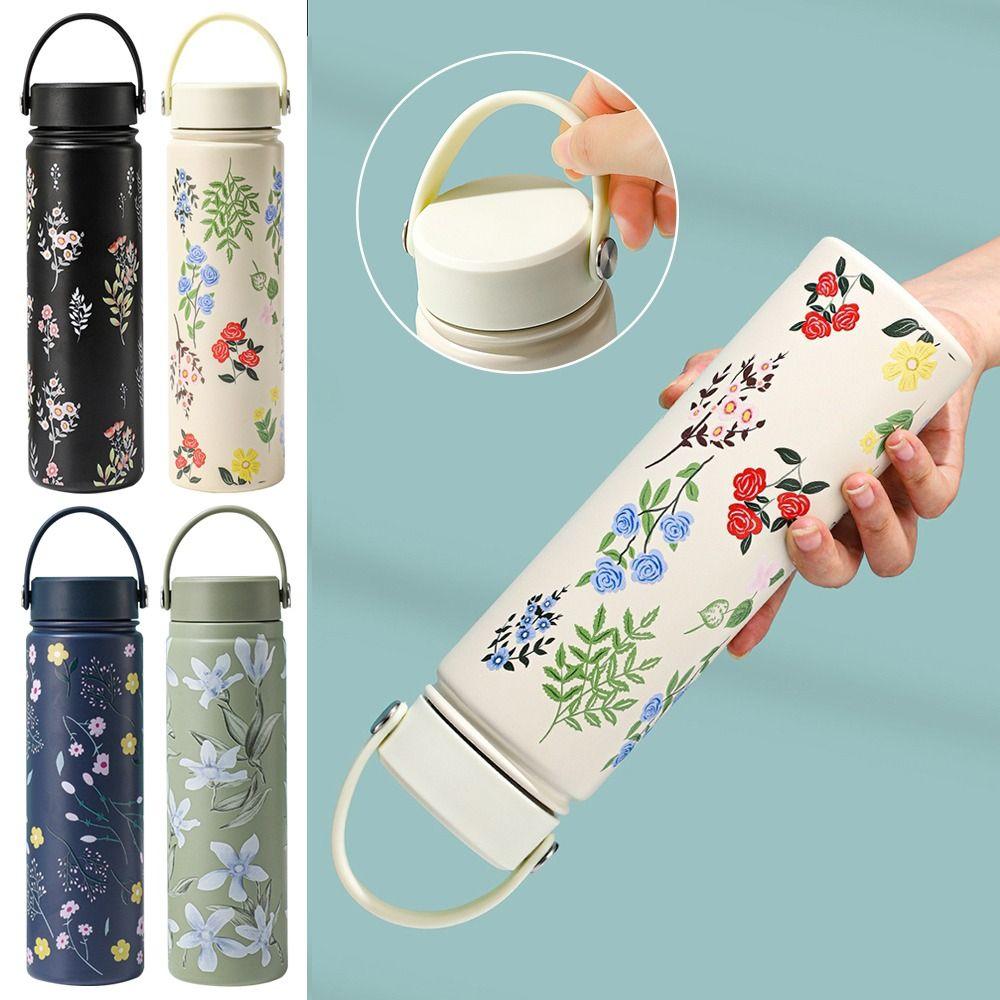 Stainless Steel Water Bottle Flower Printed Coffee Mug Vacuum Handy Cup  Outdoor Travel Office