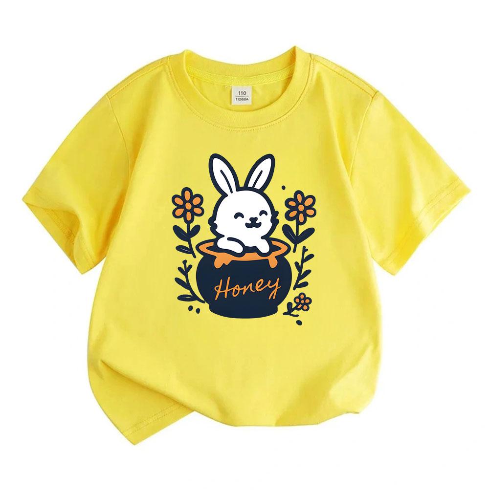 Kids Boys Girls 100% Cotton Crew Neck Short Sleeve T-Shirt, Cute Smiling White Bunny In Honey Jar Floral Print Casual Soft Tee for Children Daily Wear