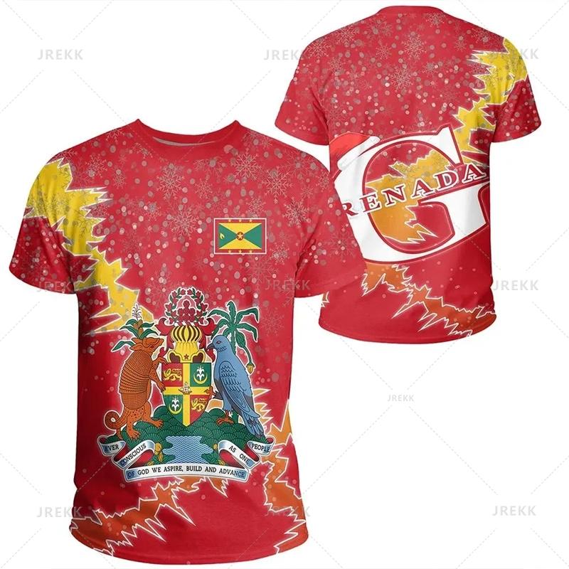 Grenada Flagge Karte 3D Druck T-Shirt Grenada Wappen Grafik Kurzarm T-Shirts Vintage Unisex T-Shirts Herrenbekleidung