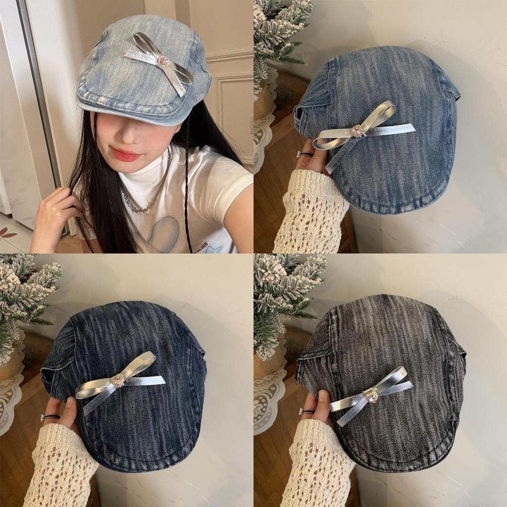 Original Design Diy Butterfly Knot Beret Hat For Women In Cool Y2k Vintage Denim Style