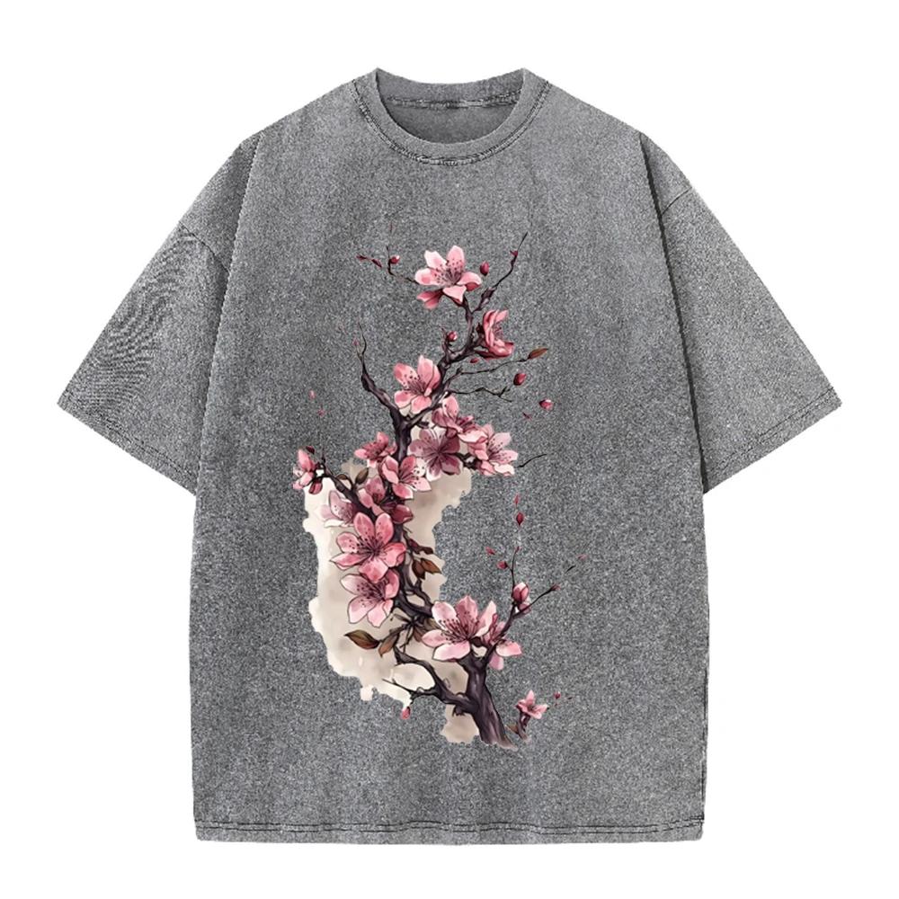 2026 Vintage gewaschenes Beige Chinesische Tinte Kirschblüten Grafik T-Shirt Blumendruck Oversized Lässiges Kurzarm-T-Shirt