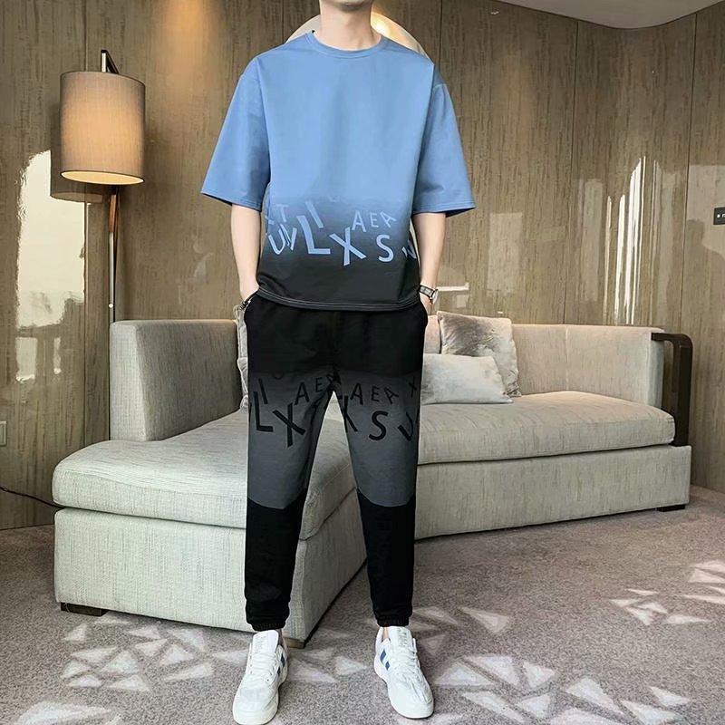 

IELGY повседневный костюм мужской градиент цвета хип-хоп летняя корейская версия модных брендовых брюк и одежды с короткими рукавами набор словосочетаний 4XL синий