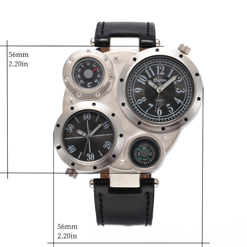 Locomotive Men's Large Dial Dual Movement Dual Time Zone Compass Thermometer Quartz Watch