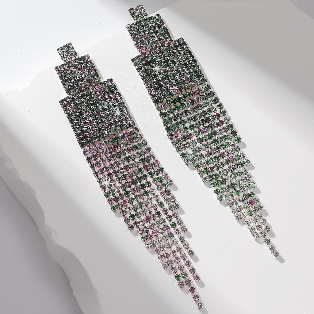 Color Diamond-Set Long Fringed Earrings, Heavy Industry Exaggerated Design Earrings, Fashion Earrings