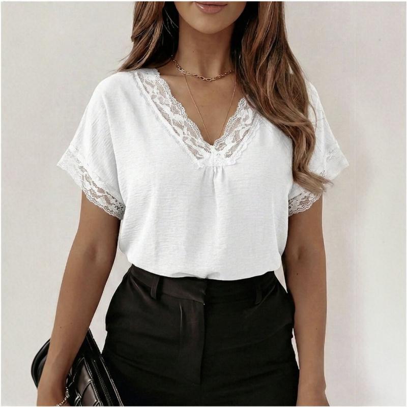 V-neck lace patchwork short-sleeve T-shirt women's summer new loose fashion top