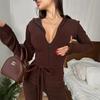 Fleece Slim Fit Hooded Jumpsuit Women's, Front and Mid Full Zipper Strap Waist Tights Casual Jumpsuit