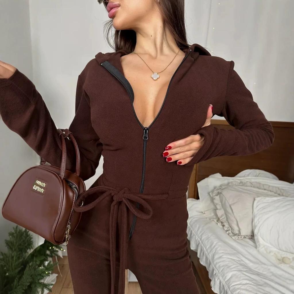 Fleece Slim Fit Hooded Jumpsuit Women's, Front and Mid Full Zipper Strap Waist Tights Casual Jumpsuit