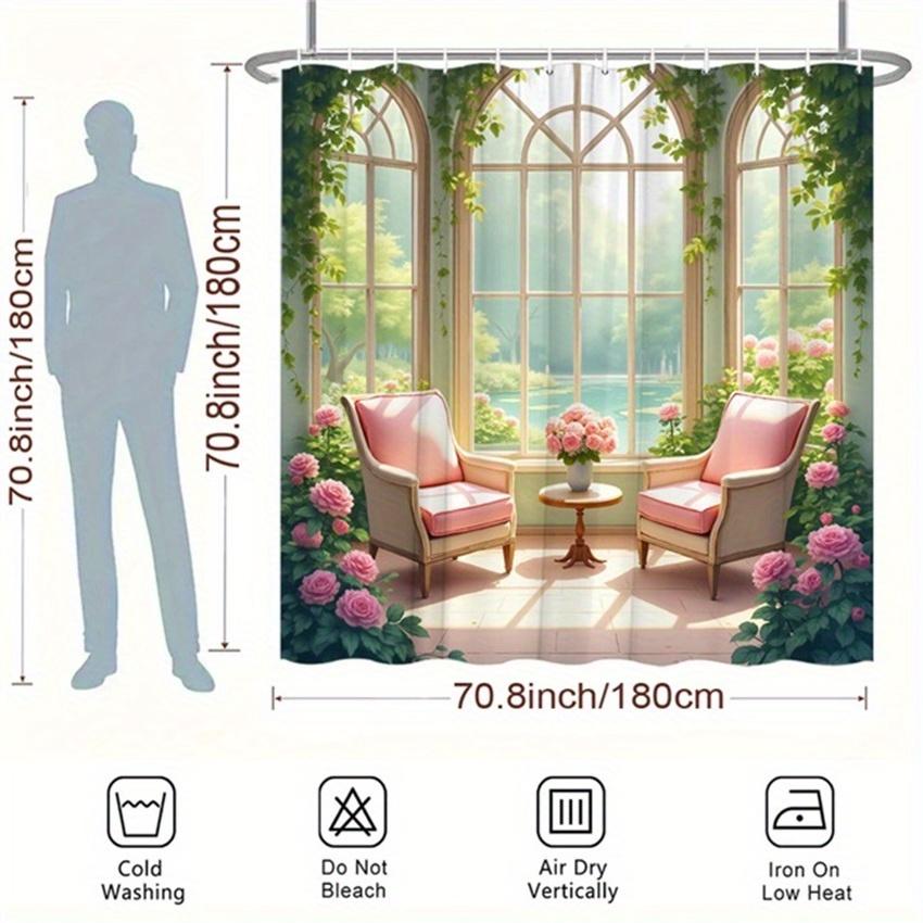 1pc Idyllic Garden Shower Curtain - Pink Roses, Sunlit Windows, Lush Greenery & Tranquil Pond, Romantic Spring Design,70.8x70.8"