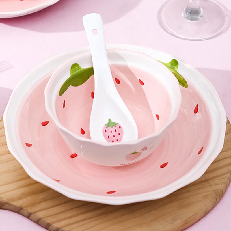 Rosa Erdbeerplatte Rechteckige Keramik Westliche Steakplatte Runde Obst-Dessertschale Große Nudel-Suppenschale Frühstück Milchbecher