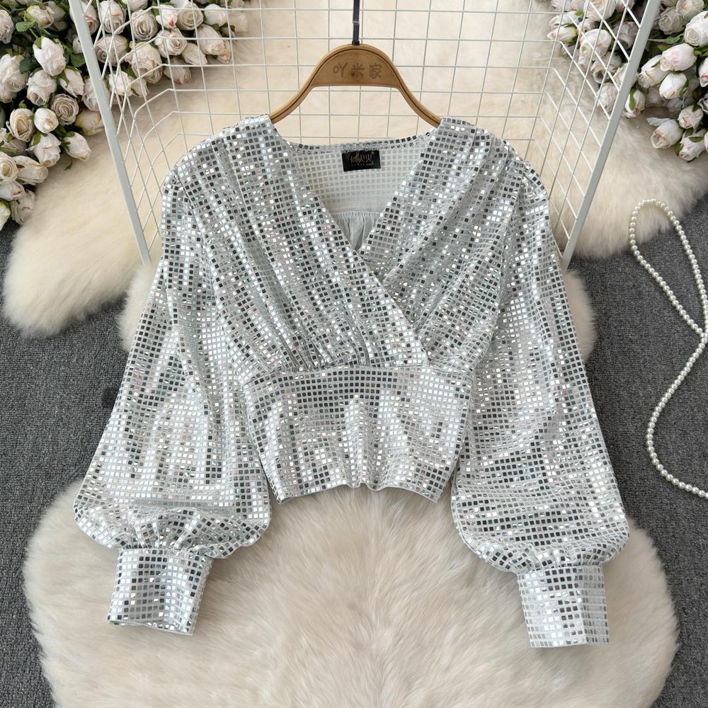 

Весна Осень Модный Элегантный Фонарь Длинные Рукава V-образный вырез Сверкающие Пайетки Футболка Женская Повседневная Корейский Y2k Топ One Size серебряный