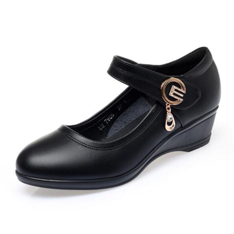 Casual Wedges Women Shoes Black Leather Shoes Fashon Work Office Ladies Shoes Female Pumps Luxury Buckle Strap Heel Shoes