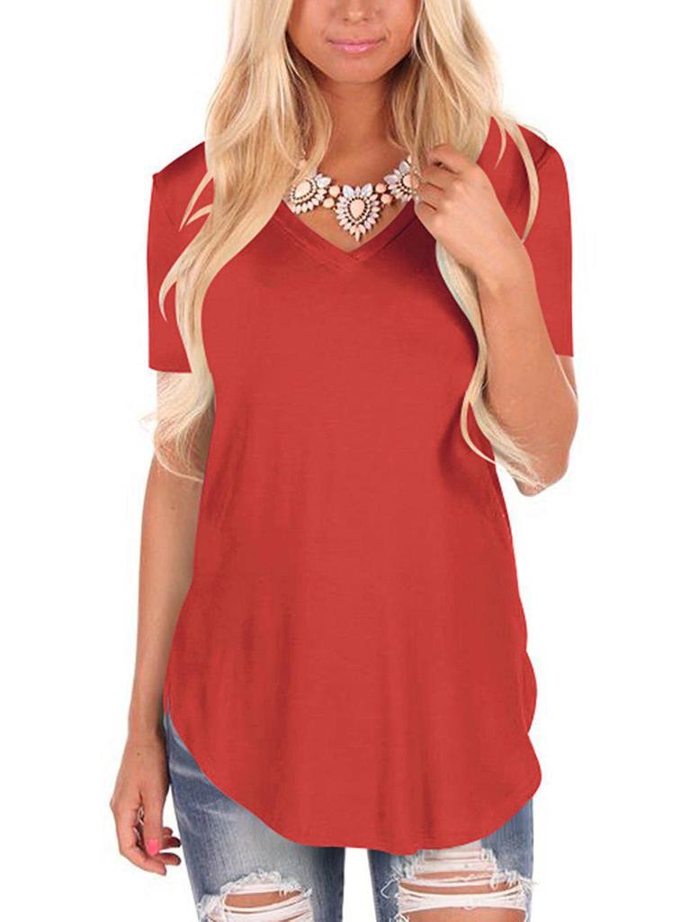 2023 Summer V-Neck Solid Plus Size Loose Short Sleeve Women's T-shirt