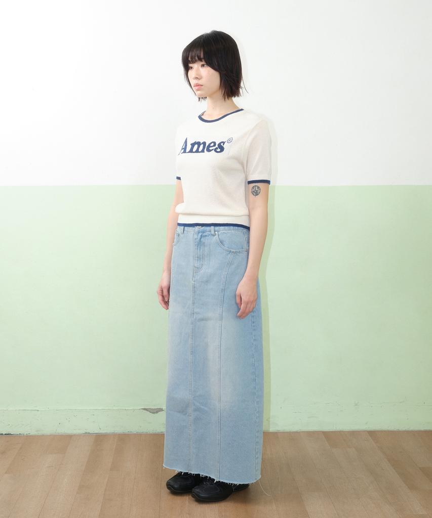 AMES-WORLDWIDE Curved Line Denim Long Skirt Light Blue