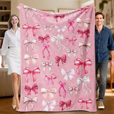 1 Piece Pink Bow-themed Flannel Blanket, Soft, Suitable for Sofa, Bed, Office, All-season Use.