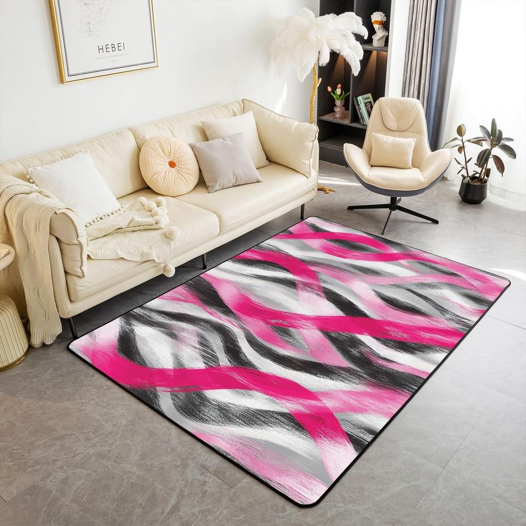 Modern Abstract Curve Print Area Rug, Black Pink & White Design Non-Slip Floor Mat for Living Room Bedroom Home Decor Carpet