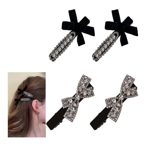 Hairpin Bangs Hair Clip Black Stylish Set of 4 Cute Hair Accessories Glitter Pin Bangs Clip Hair Ornament (Bowknot)