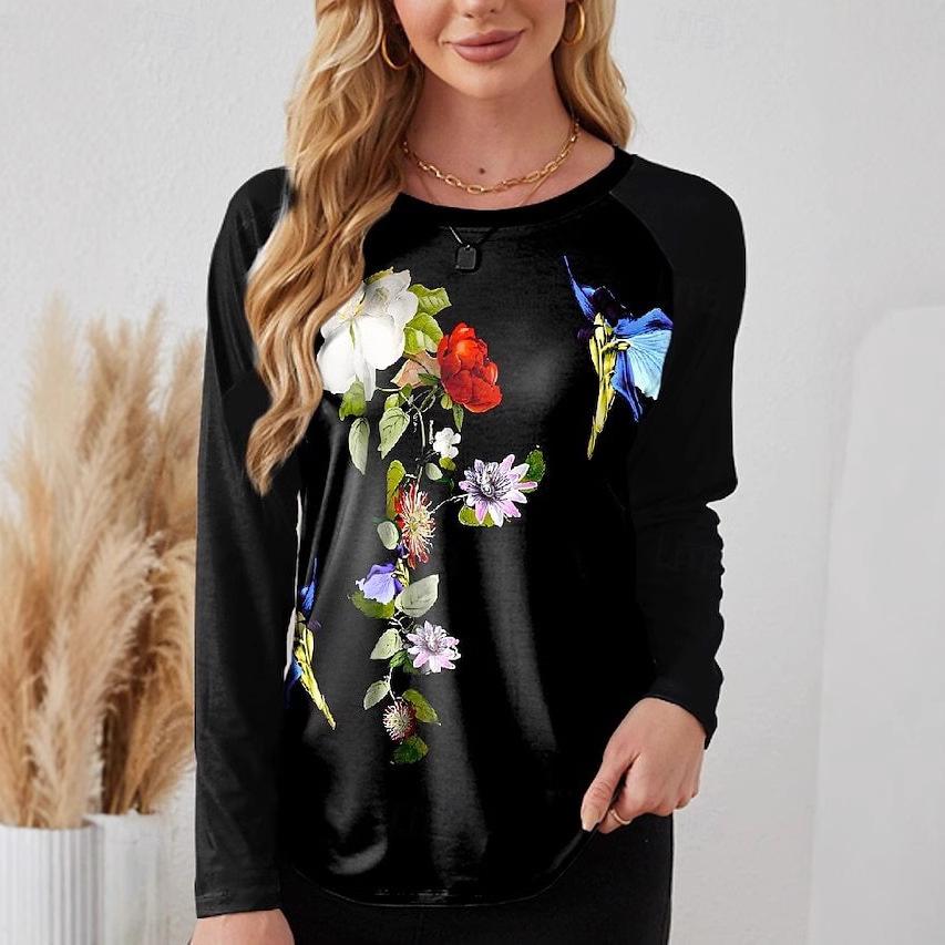 Elegant Demeanor 3D Flower Printed Casual Long Sleeved Women's T-shirts - Soft Medium Stretch Polyester Fabric Spring and Autumn Relaxed Fit Clothing