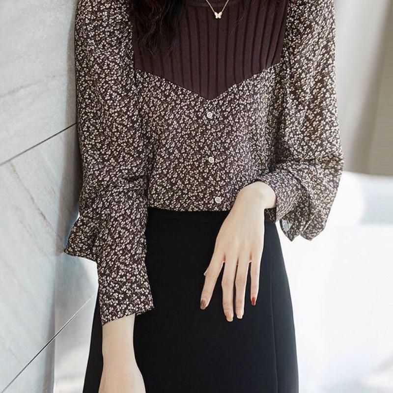 Floral Shirt for Women's Fashionable and Unique Design Knitted Spliced top Long Sleeve Round Collar