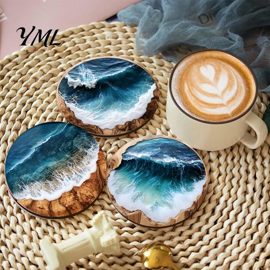 Classroom Desk Decorative Pads 4 Pcs Wooden Coasters, Ocean Wave Design Heat Resistant Round Unique Cup Mats Drink Coaster for Coffee Shop,