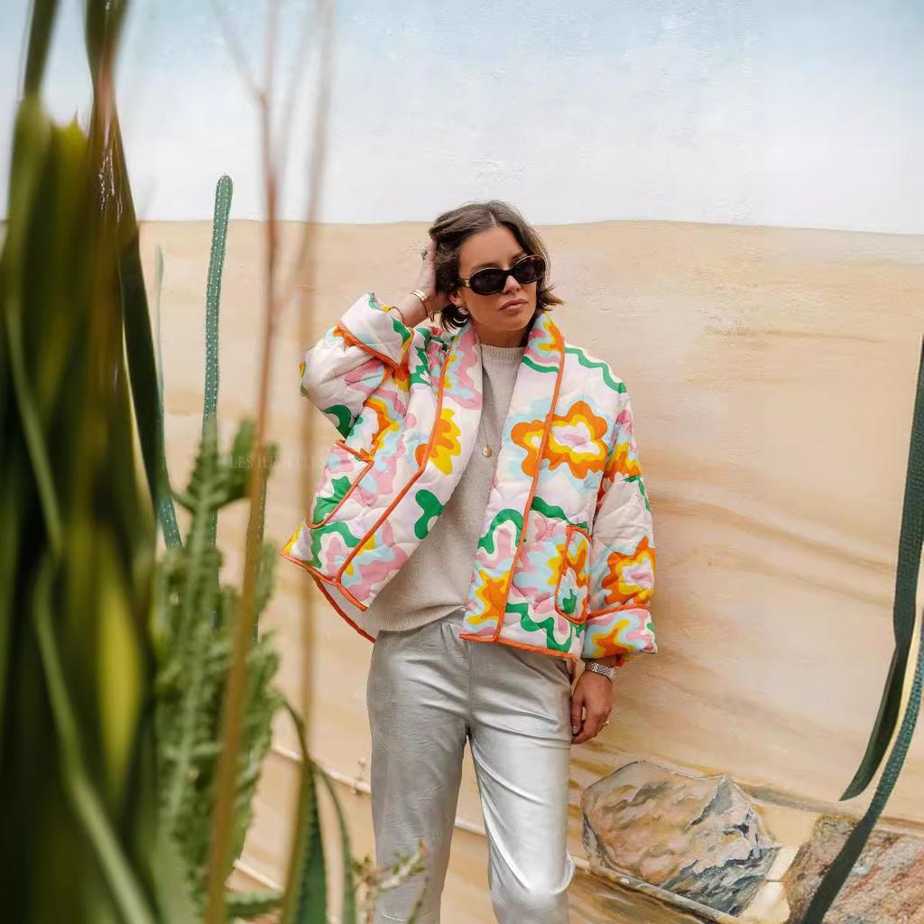 Women's Autumn and Winter Printed Lapel Warm Jacket Temperament Loose Buttonless Outerwear