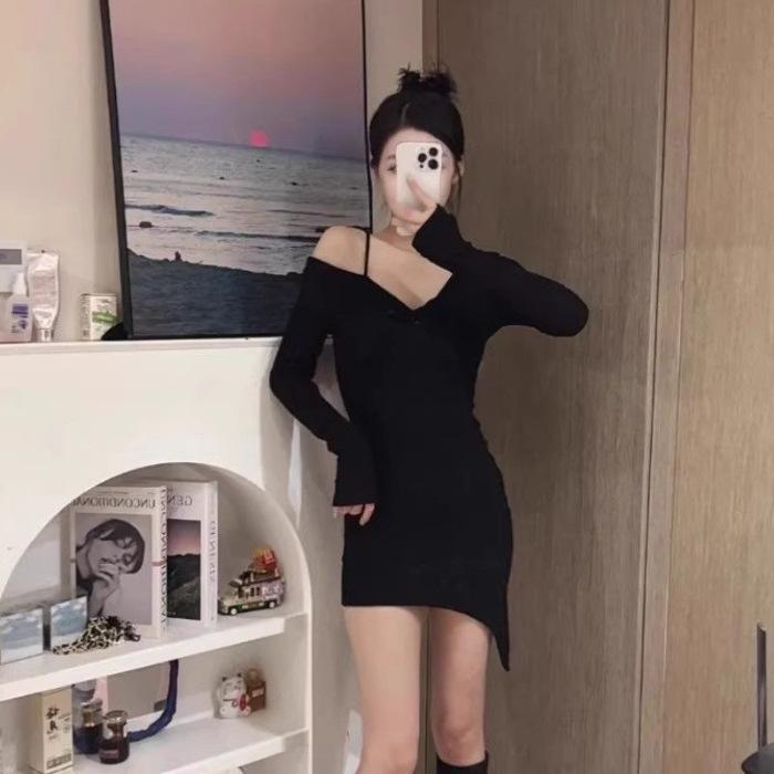 

Sexy Black Skinny Dress Long Sleeve Autumn Collar Dew Spice Girl Skinny Waist Irregular Short Skirt Bottom Skirt XL чорний