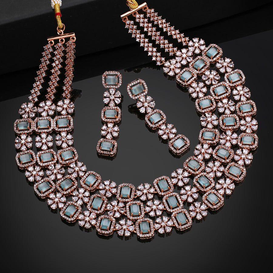 Sparkling Estele Rose Gold Plated 3 Layers Necklace Set with Zircons, Mint Green and White Crystals for Women