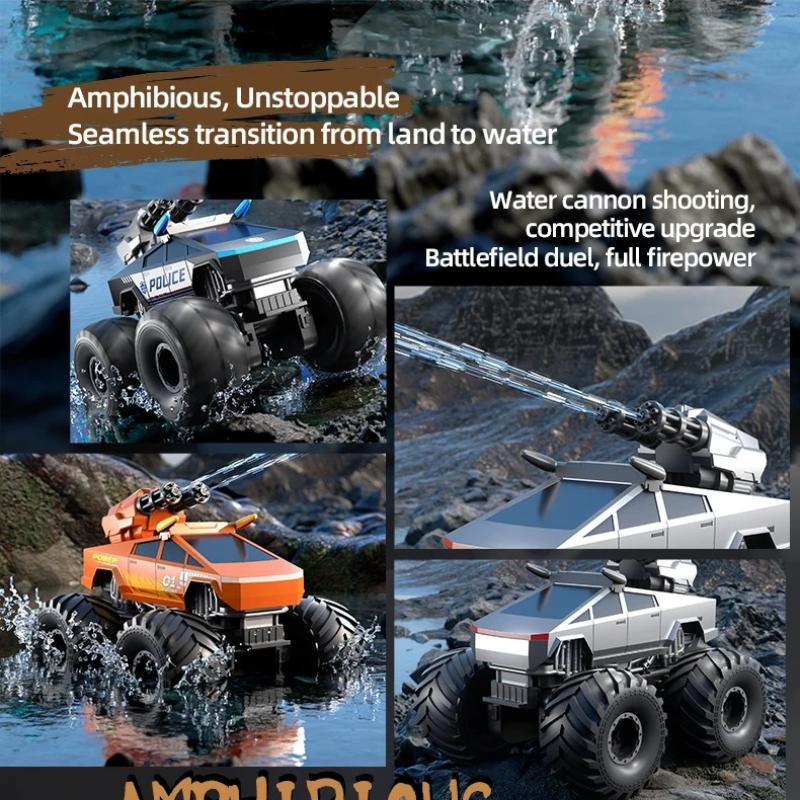 Amphibious RC Monster Truck Water Cannon Shooting 2.4G 4WD Waterproof All Terrain Land Water Dual Mode Pool Beach Xmas Gift with 360 ° Rotating Head