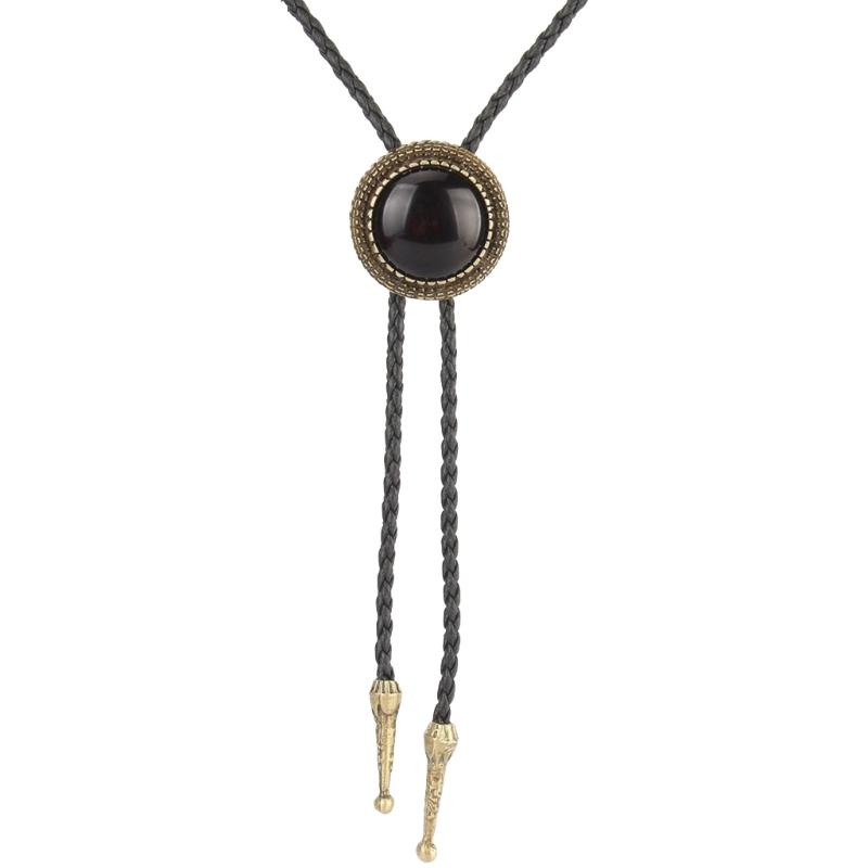 Handmade Vintage Bolo Tie for Women Mens Western Cowboy Leather Rope Necktie with Round Stone Pendant Jewelry Necklace