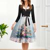Women's Fashion Round Casual Slim Fit Christmas Print Large Swing Long Sleeve Dress