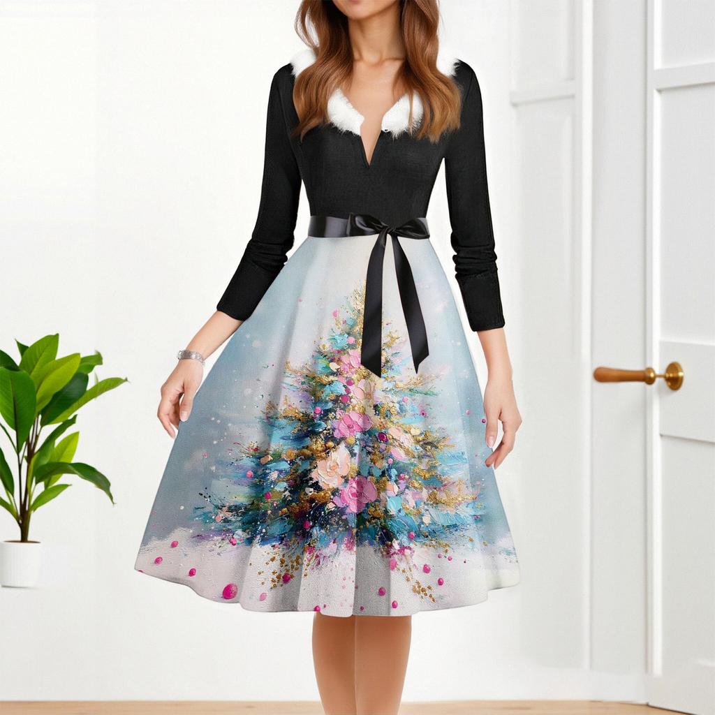 Women's Fashion Round Casual Slim Fit Christmas Print Large Swing Long Sleeve Dress
